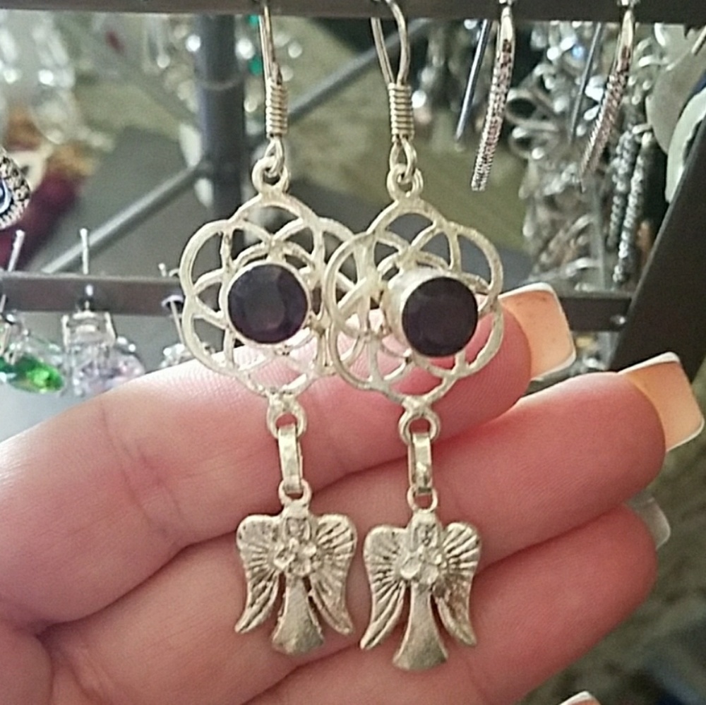 GENUINE ONYX .925 SILVER ANGEL earrings - Picture 1 of 4
